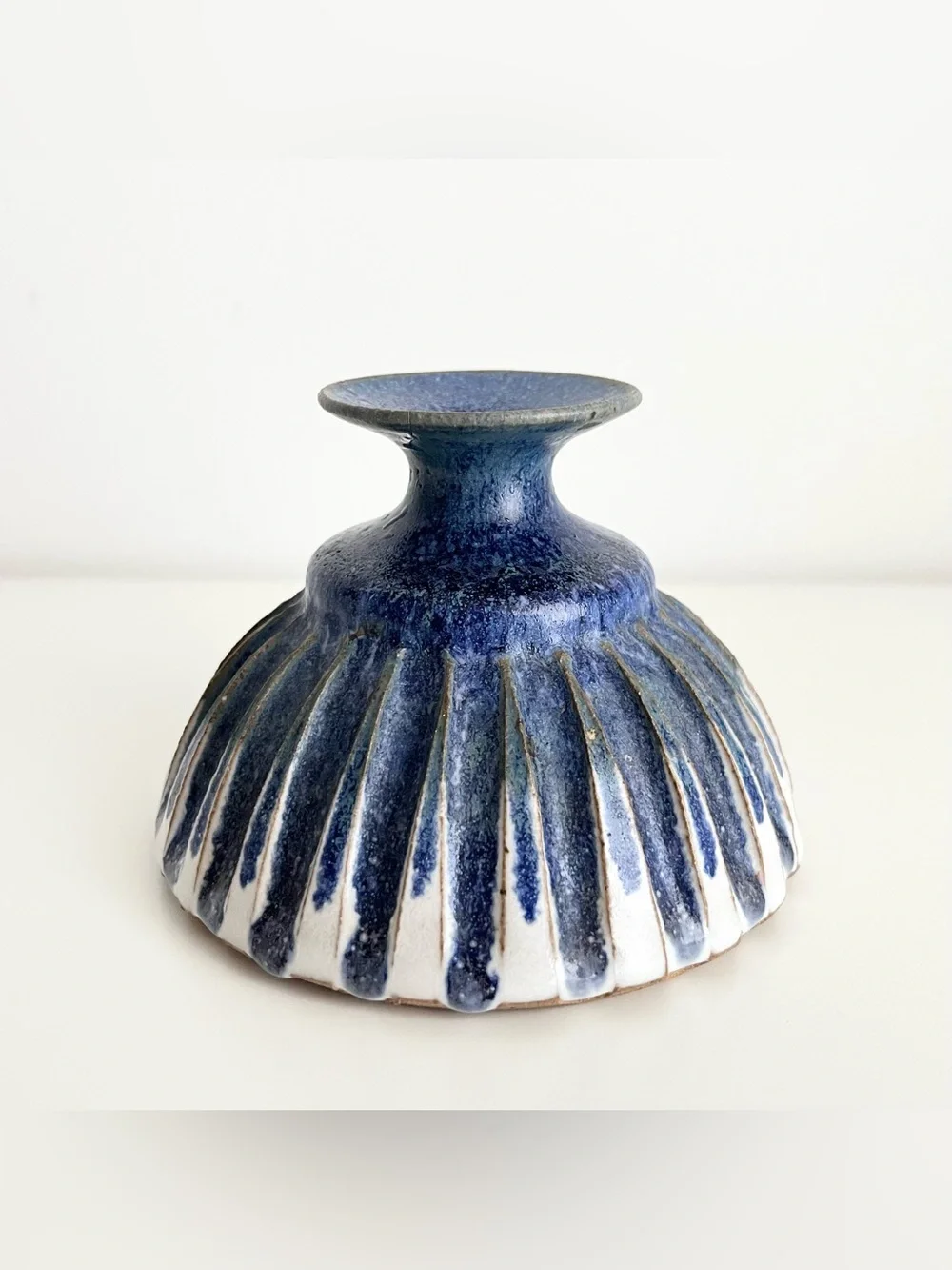 Handmade Studio Pottery Ceramic Bud Vase Blue White Ribbed Boho Organic Unique